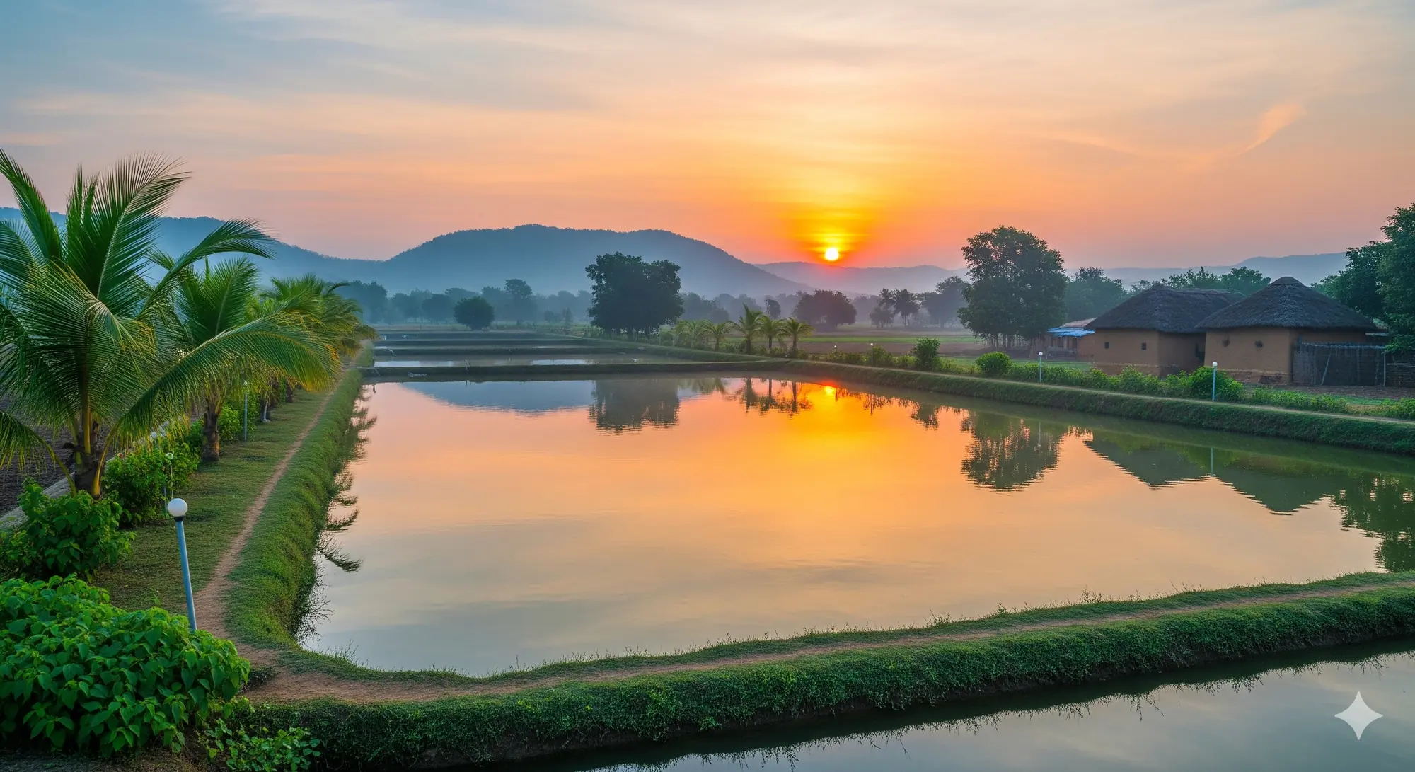 Aquaculture ponds at sunrise